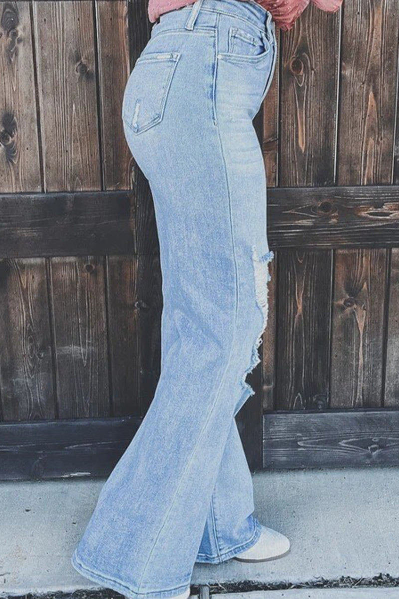 Street Solid Ripped Patchwork High Waist Straight Denim Jeans - Fashionpara