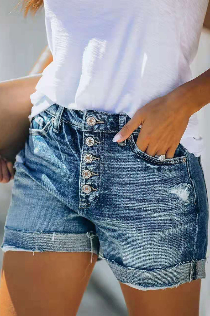 Casual Solid Patchwork Mid Waist Regular Denim Shorts  Fashionpara