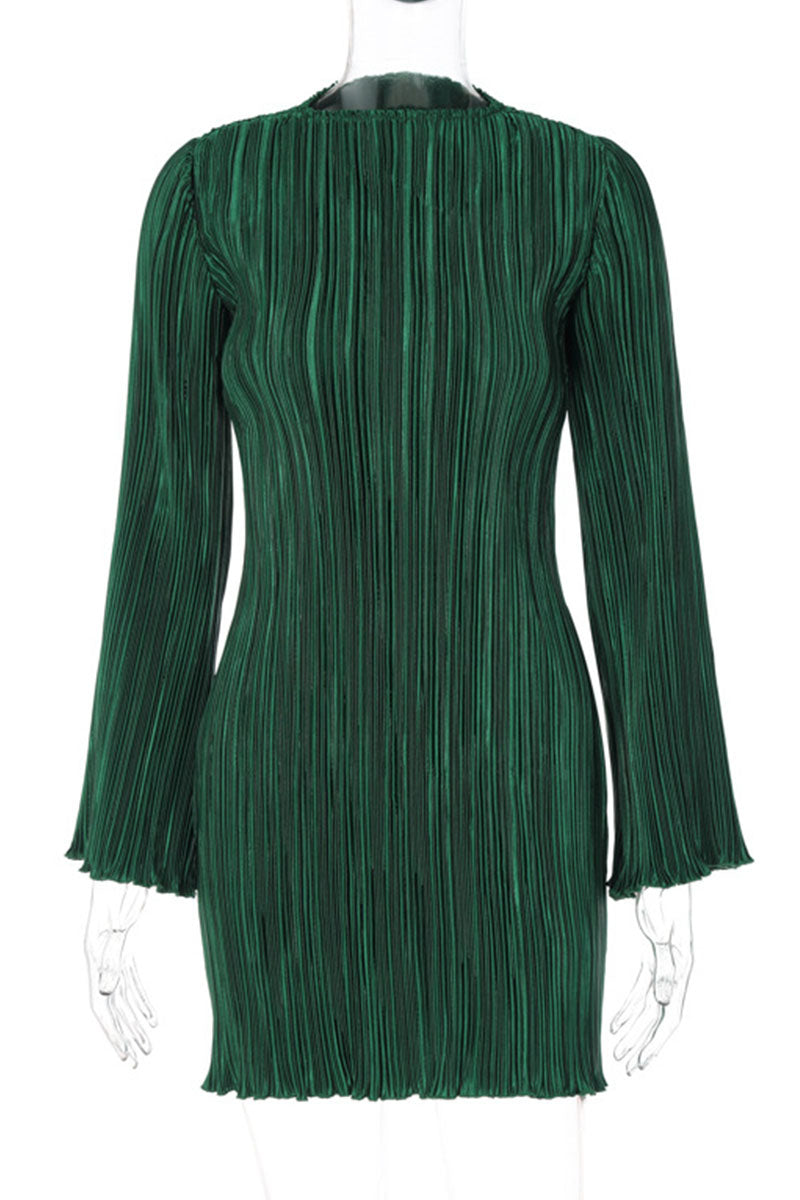 Casual Solid Patchwork Fold O Neck Straight Dresses - Fashionpara