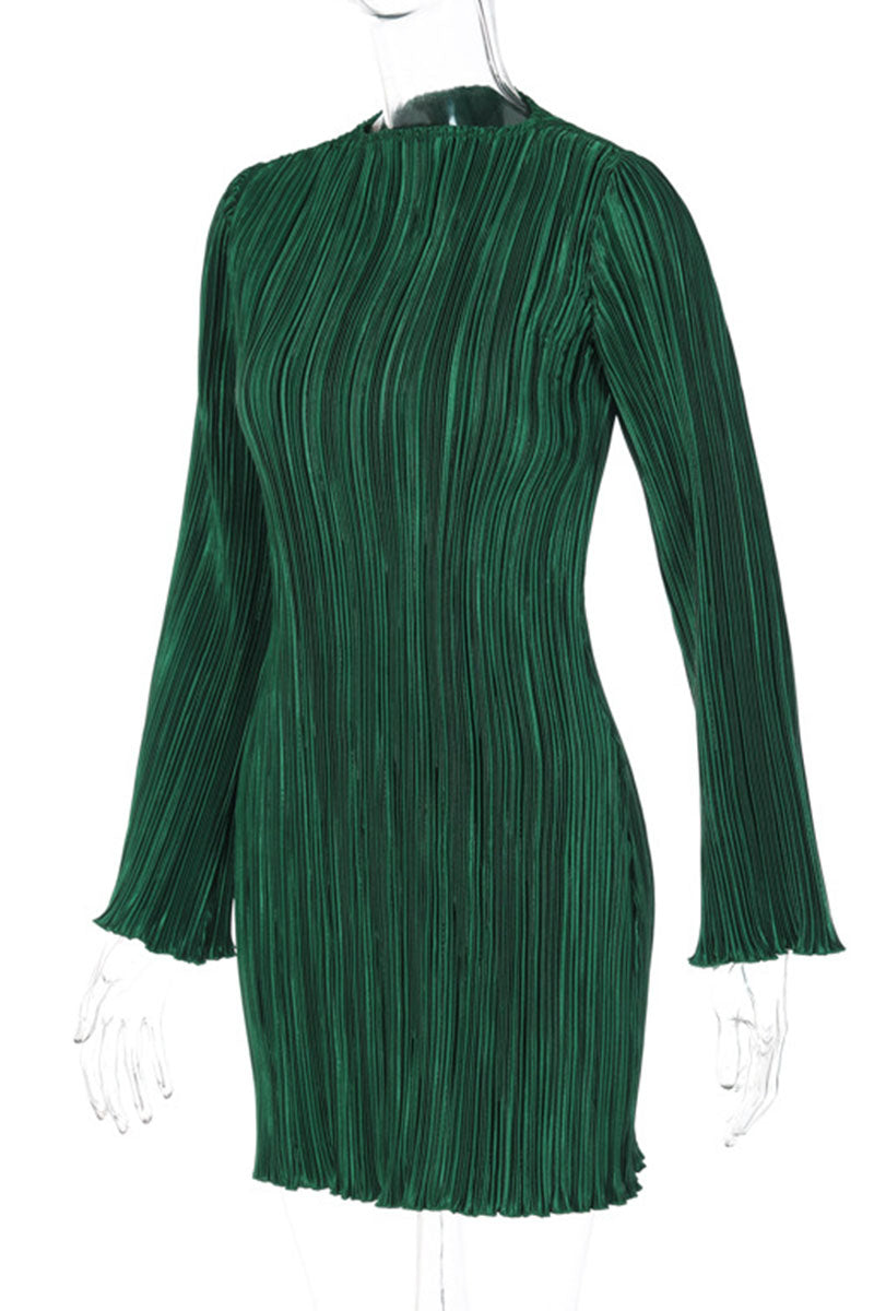 Casual Solid Patchwork Fold O Neck Straight Dresses - Fashionpara