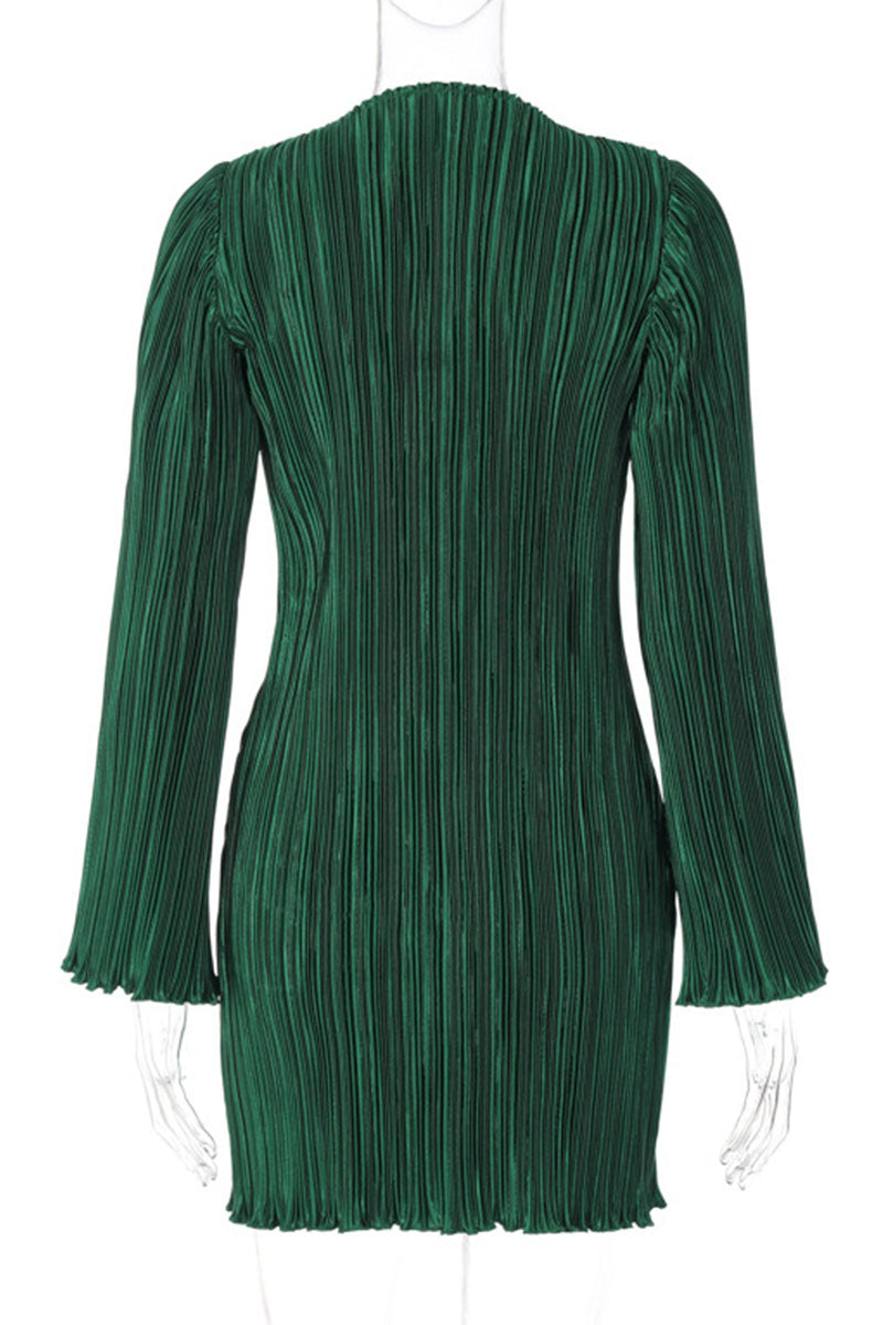 Casual Solid Patchwork Fold O Neck Straight Dresses - Fashionpara