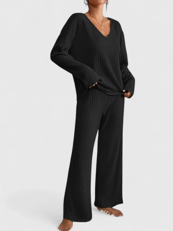 Ribbed Knit V-Neck Top and Wide Leg Pants Two Piece Set 3