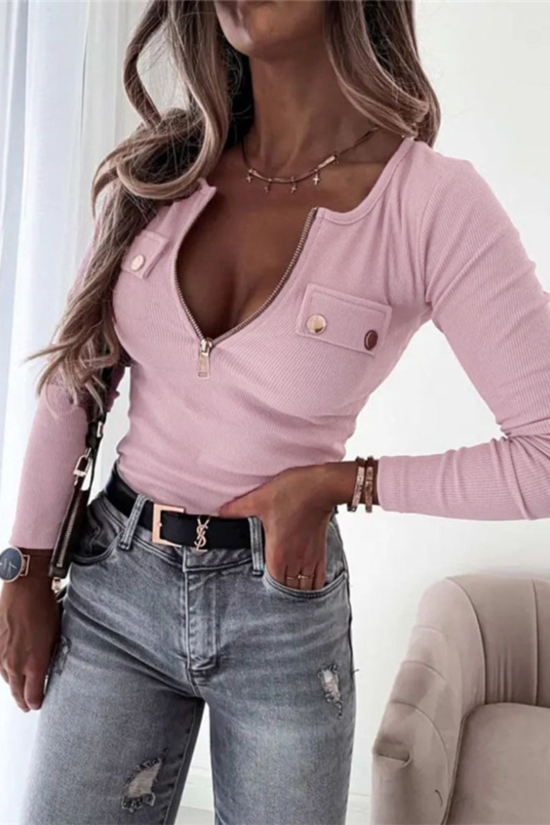 Casual Solid Buttons V Neck Tops - Fashionpara