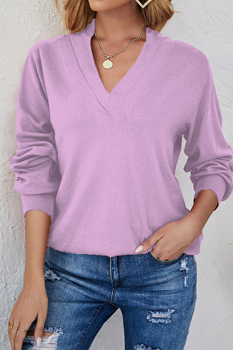 Casual Solid Color V Neck Long Sleeve Tops(3 Colors) - Fashionpara