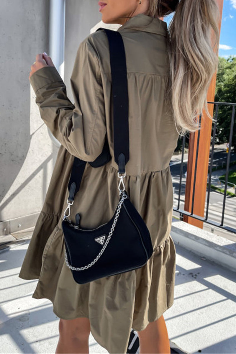 Casual Buckle Turndown Collar Shirt Dress Dresses(4 Colors) - Fashionpara