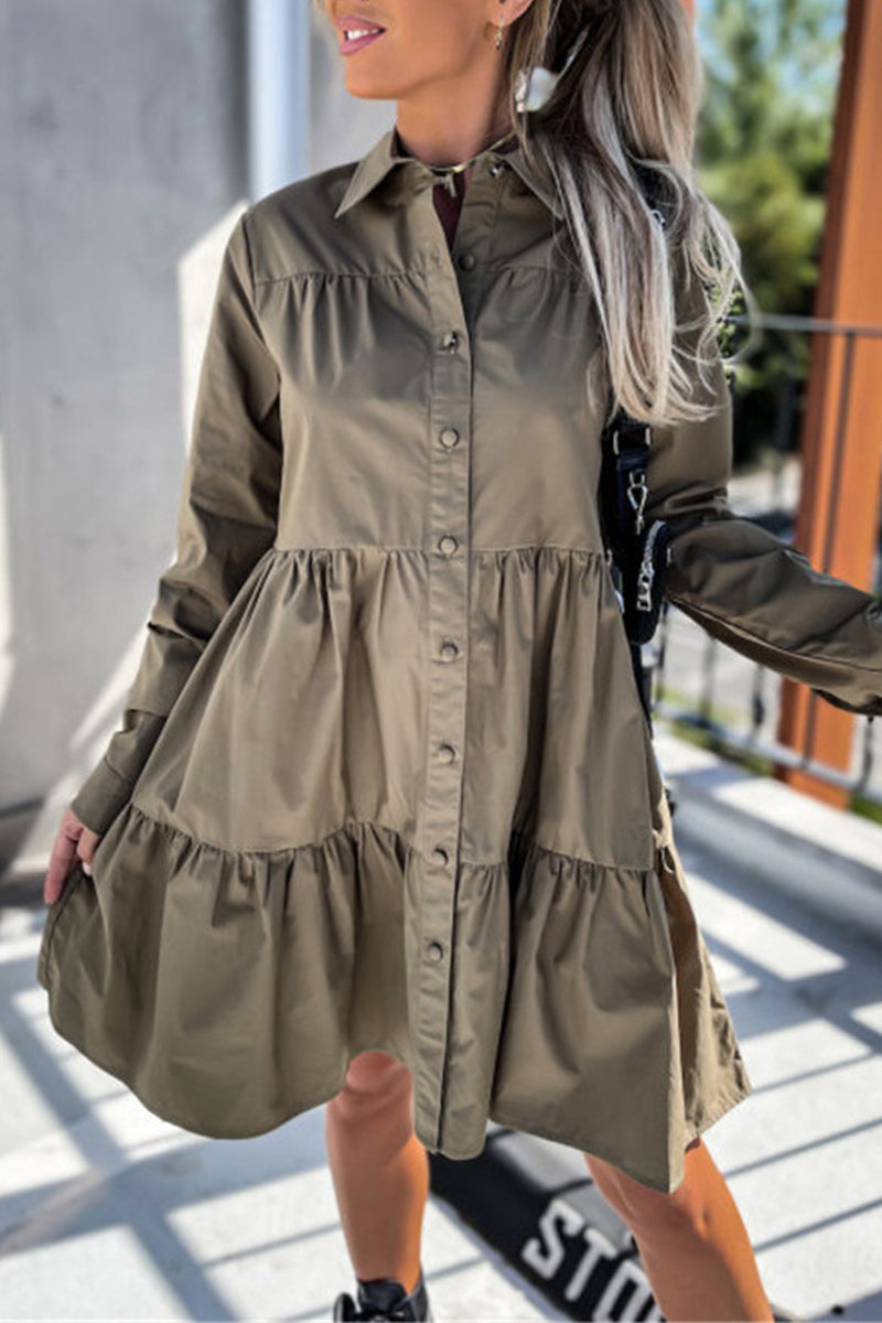 Casual Buckle Turndown Collar Shirt Dress Dresses(4 Colors) - Fashionpara