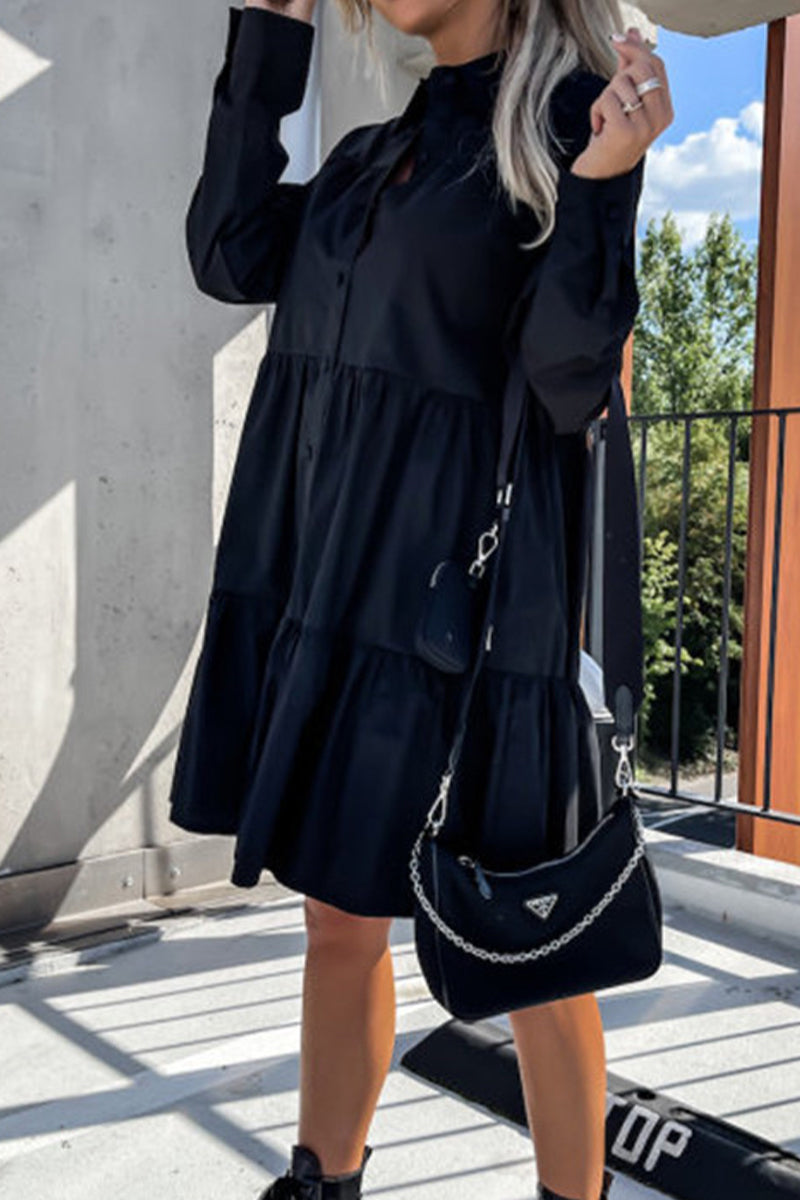 Casual Buckle Turndown Collar Shirt Dress Dresses(4 Colors) - Fashionpara