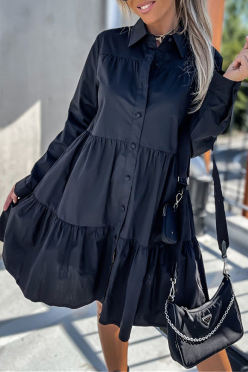 Casual Buckle Turndown Collar Shirt Dress Dresses(4 Colors) - Fashionpara