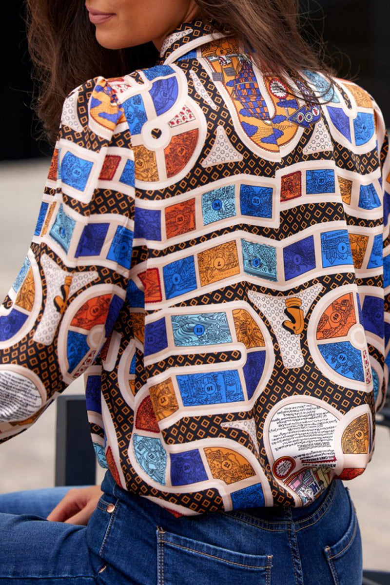 Elegant Print Patchwork Shirt Collar Tops - Fashionpara