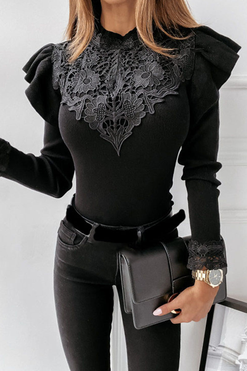 Elegant Solid Lace Half A Turtleneck Tops - Fashionpara