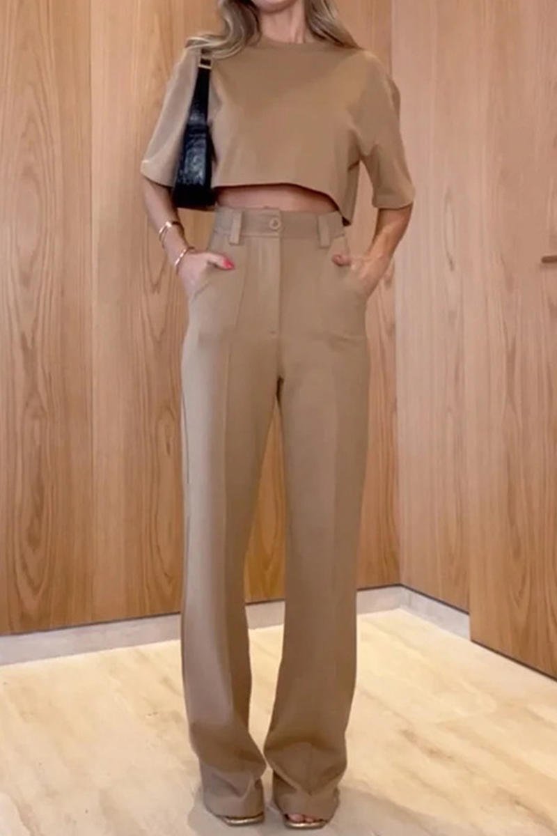 Casual Solid Patchwork O Neck Short Sleeve Two Pieces - Fashionpara