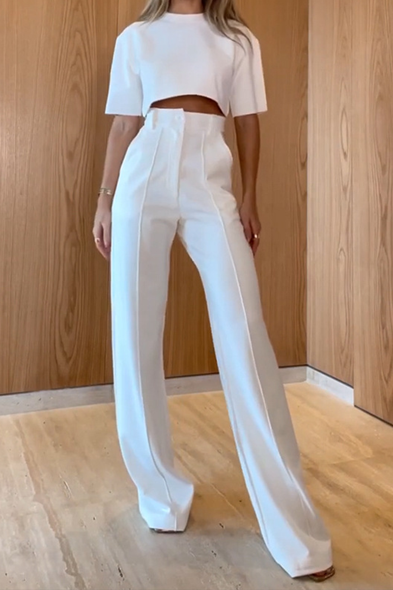 Casual Solid Patchwork O Neck Short Sleeve Two Pieces - Fashionpara