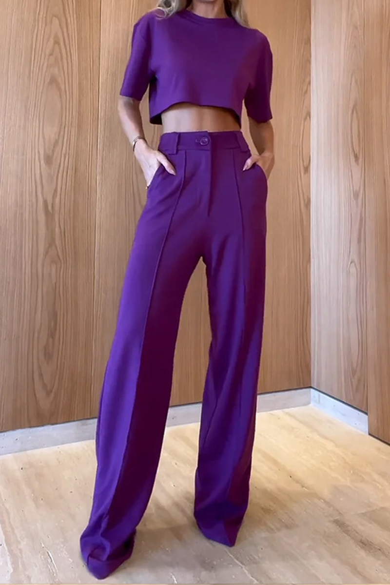 Casual Solid Patchwork O Neck Short Sleeve Two Pieces - Fashionpara