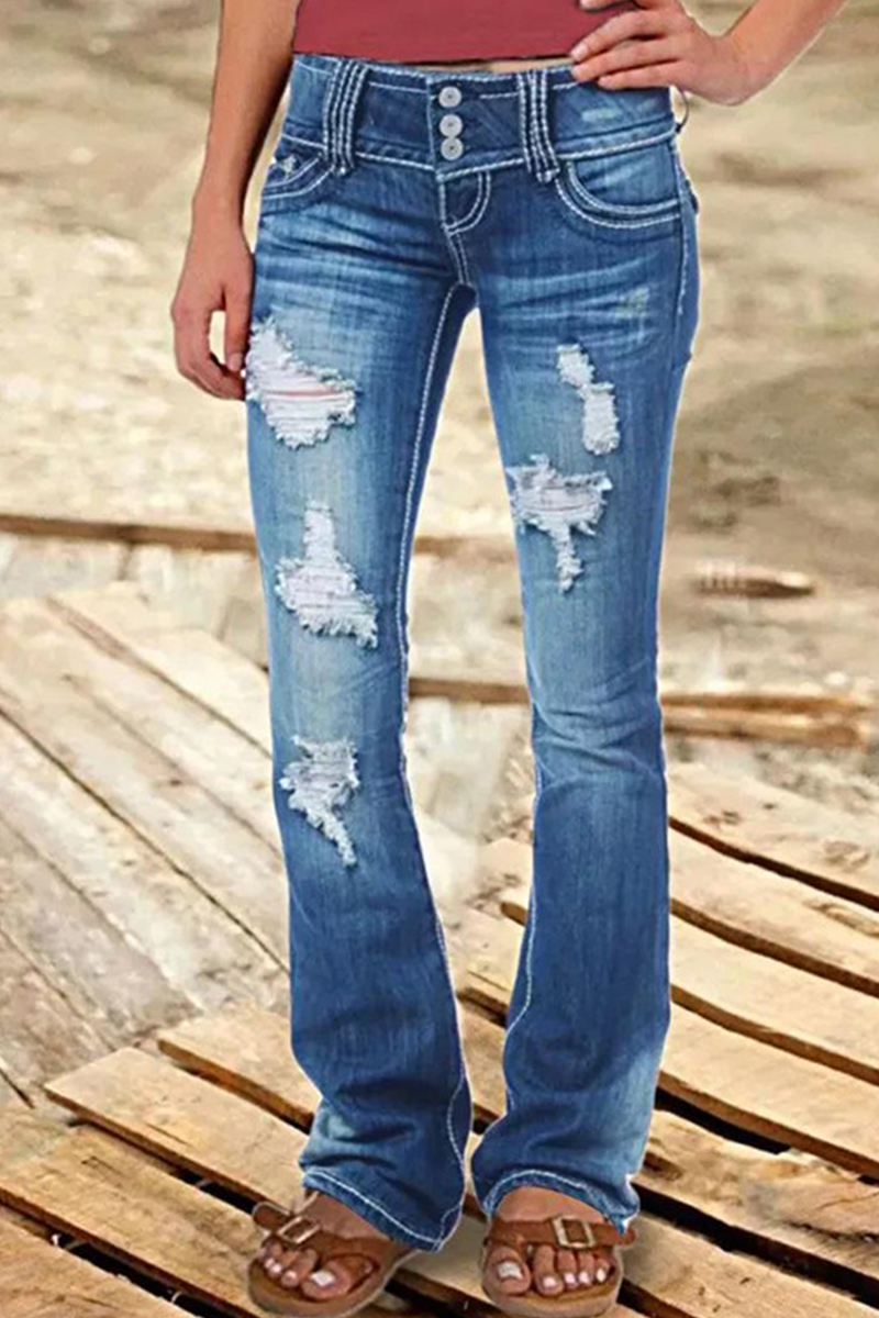 Street Patchwork Ripped High Waist Boot Cut Denim Jeans(8 Colors) - Fashionpara