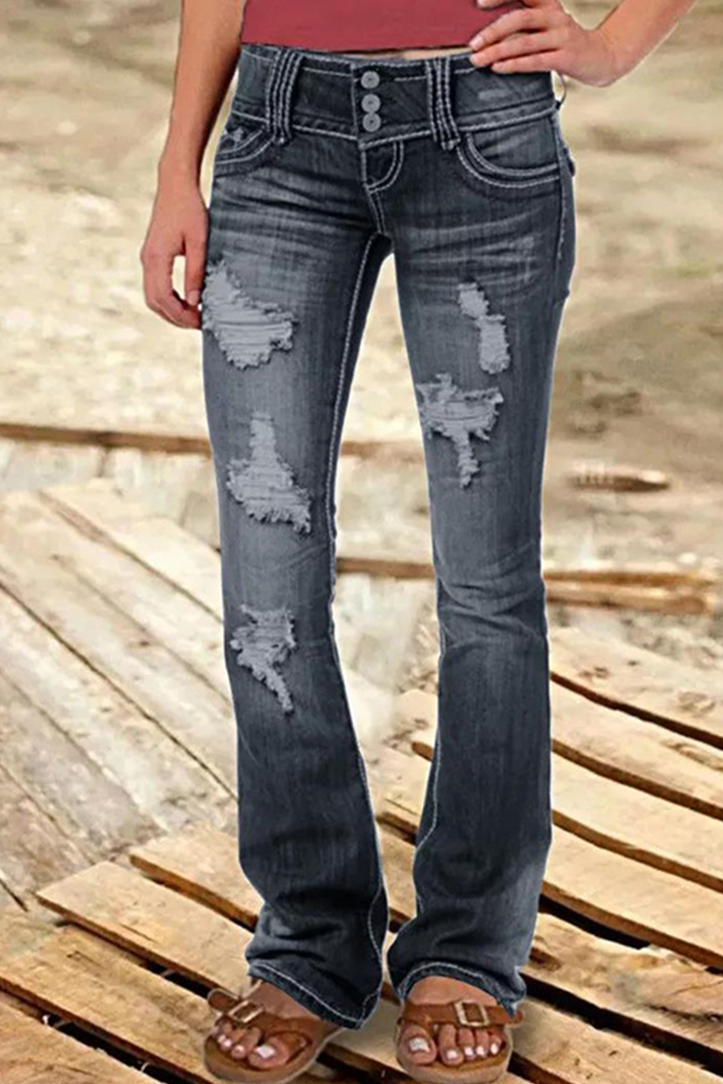 Street Patchwork Ripped High Waist Boot Cut Denim Jeans(8 Colors) - Fashionpara