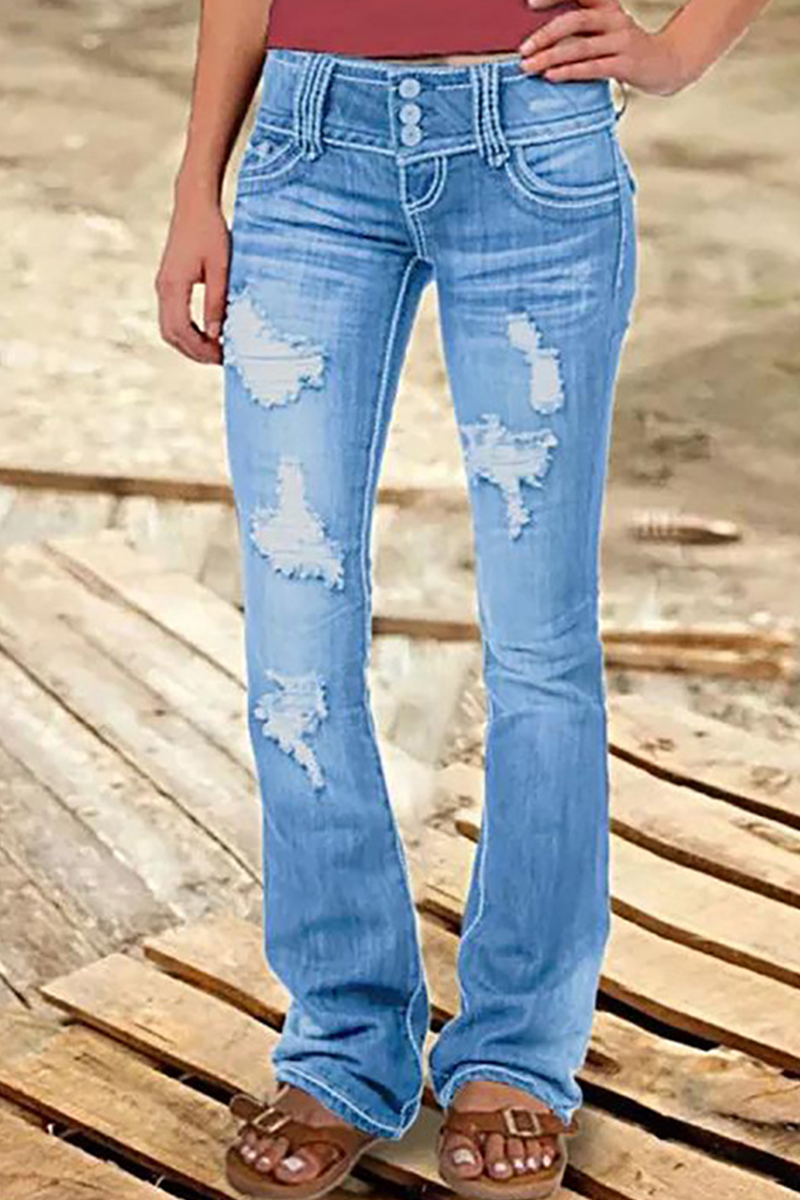 Street Patchwork Ripped High Waist Boot Cut Denim Jeans(8 Colors) - Fashionpara