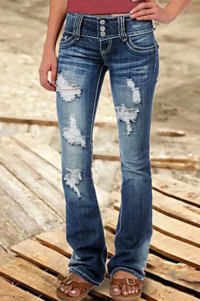 Street Patchwork Ripped High Waist Boot Cut Denim Jeans(8 Colors) - Fashionpara
