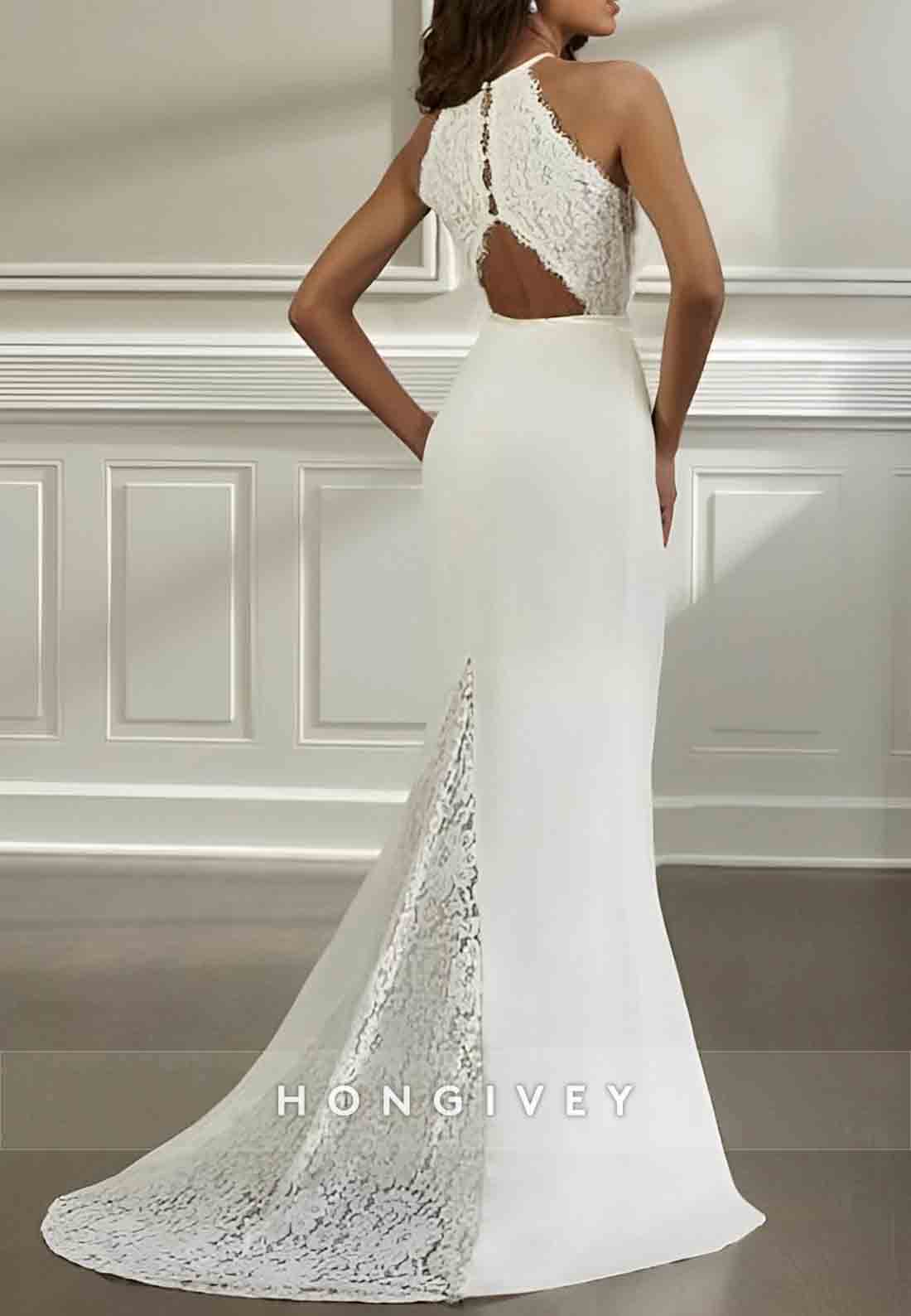 Halter Lace Sweep Train Cut out Back Sleeveless Mermaid Wedding Dresses