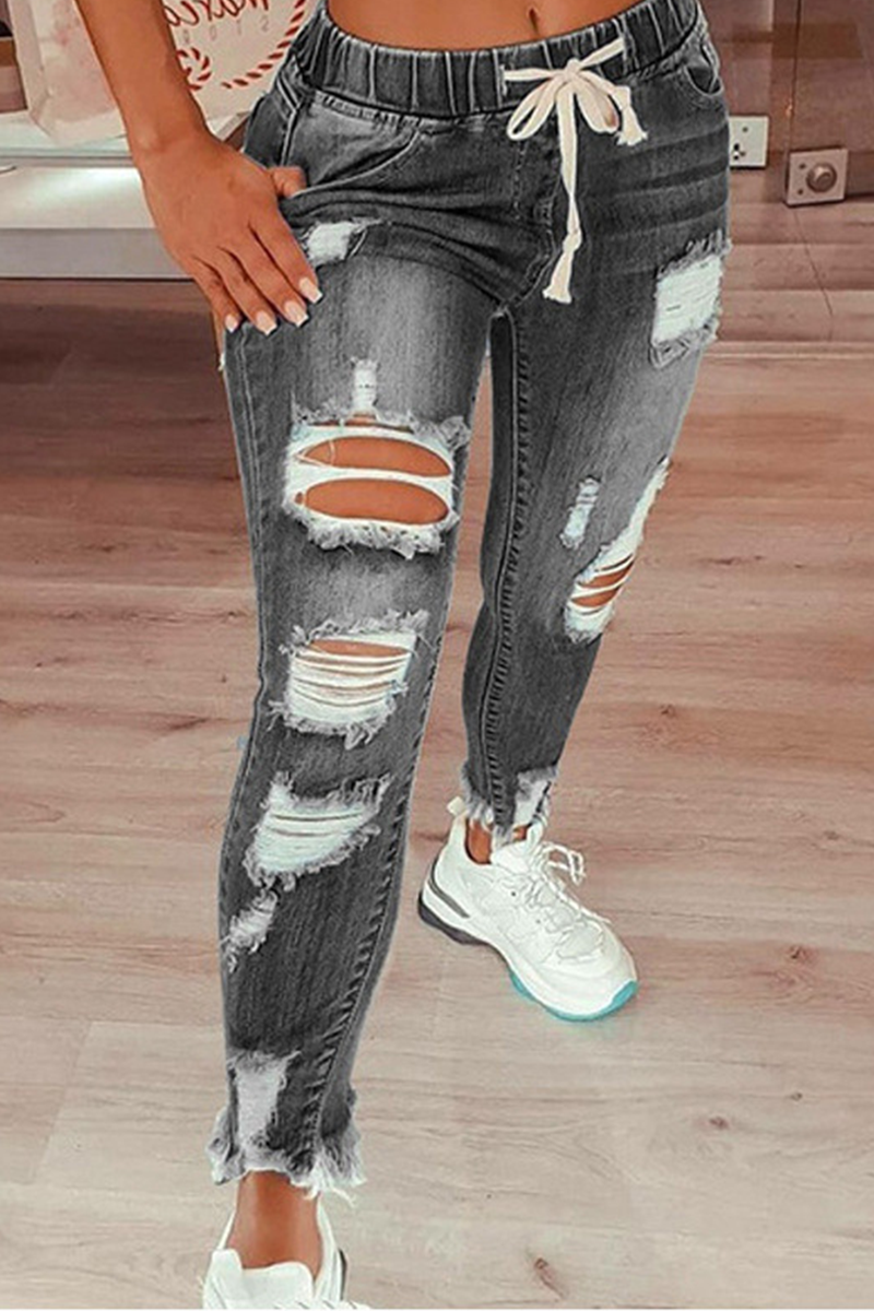 Street Solid Ripped Draw String Skinny Denim Jeans(4 Colors) - Fashionpara