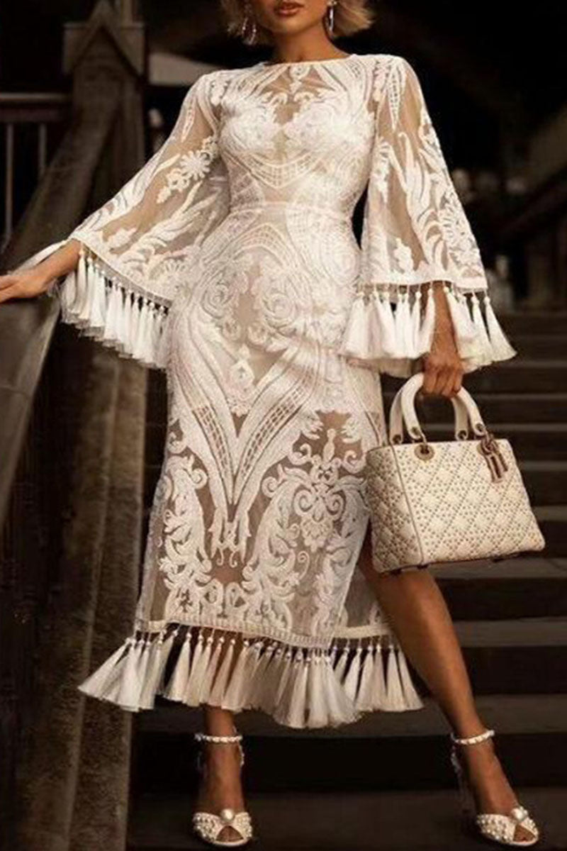 Elegant Solid Tassel Patchwork Slit O Neck Straight Dresses - Fashionpara