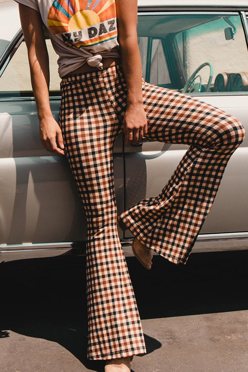 Street Sportswear Plaid Patchwork Boot Cut High Waist Straight Full Print Bottoms - Fashionpara