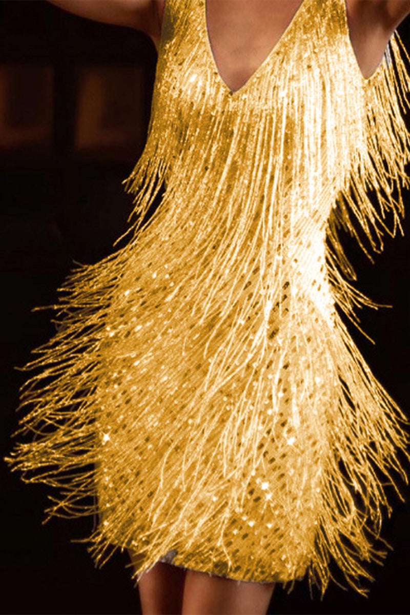 Fashion Elegant Solid Tassel Patchwork V Neck Evening Dress Dresses(4 Colors) - Fashionpara