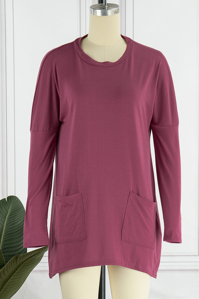 Casual Solid Patchwork Pocket O Neck Tops(13 Colors) - Fashionpara