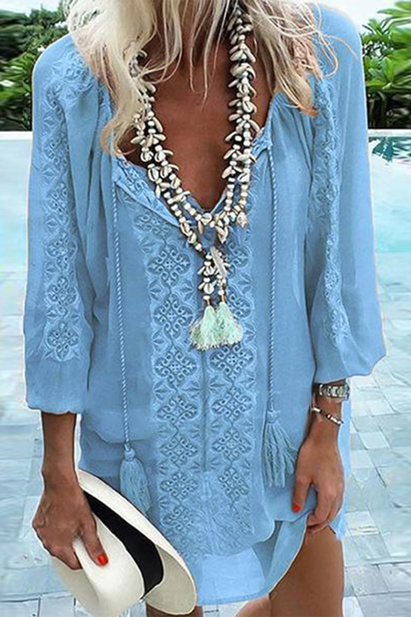 Sweet Elegant Print Printing V Neck Irregular Dress Dresses(3 Colors) - Fashionpara