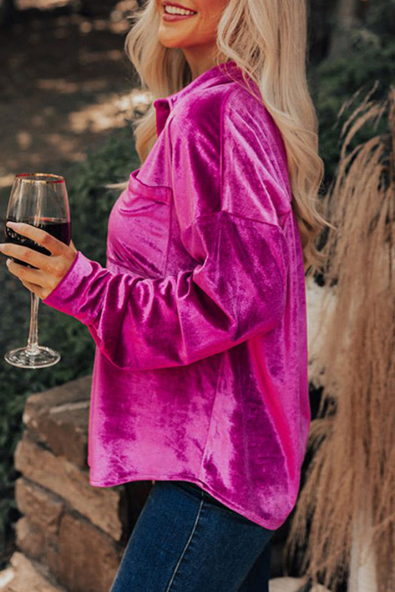 Street Pocket Solid Color Turndown Collar Tops(3 Colors) - Fashionpara