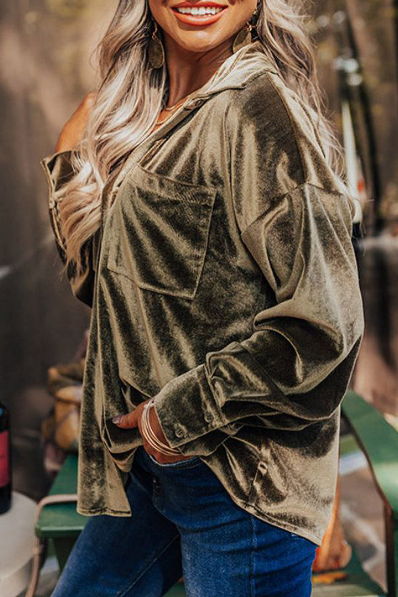 Street Pocket Solid Color Turndown Collar Tops(3 Colors) - Fashionpara