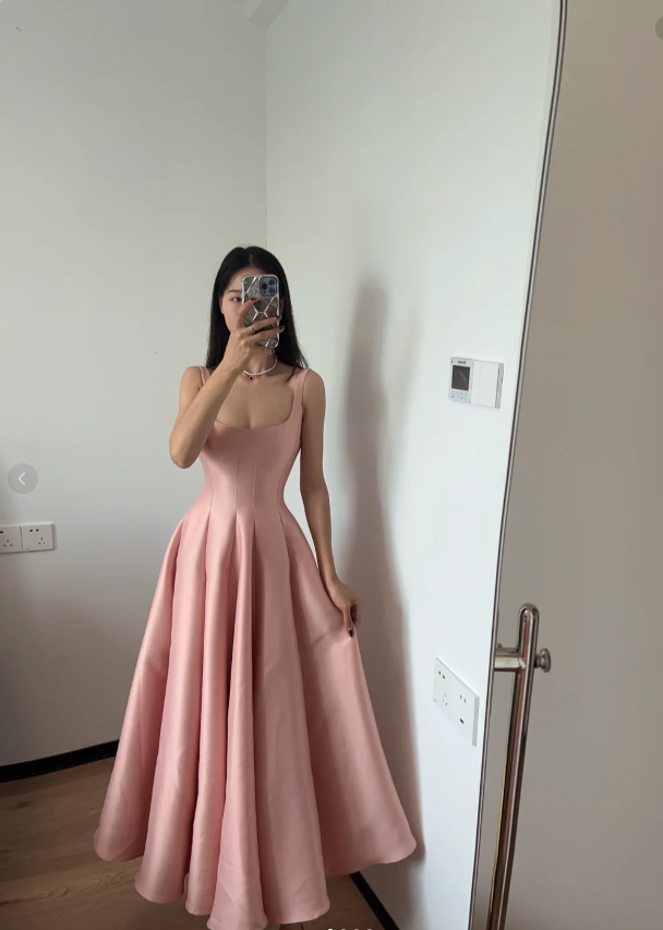 Simple And Elegant Pink A-line Square Neck Halter Satin Prom Dress Evening Dress P4167