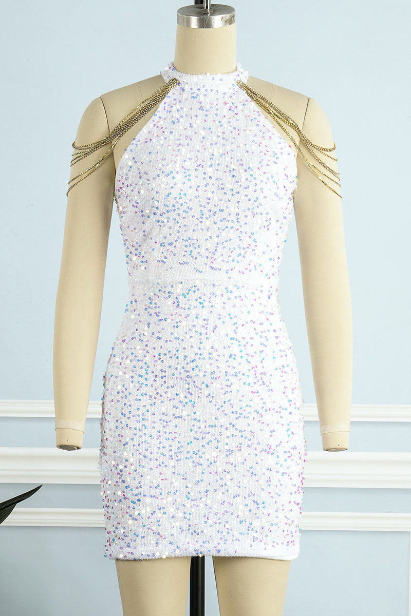 Sexy Elegant Solid Sequins Patchwork Chains O Neck Pencil Skirt Dresses(3 Colors) - Fashionpara