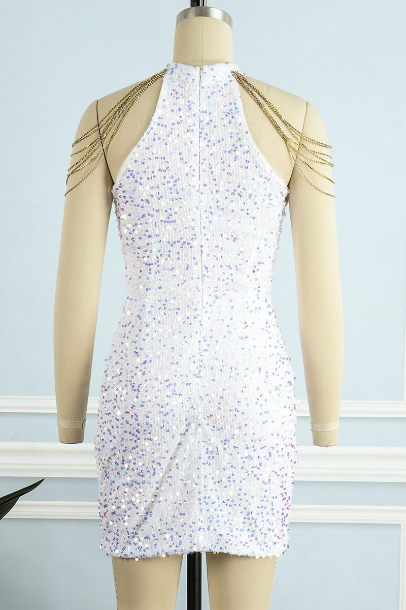 Sexy Elegant Solid Sequins Patchwork Chains O Neck Pencil Skirt Dresses(3 Colors) - Fashionpara