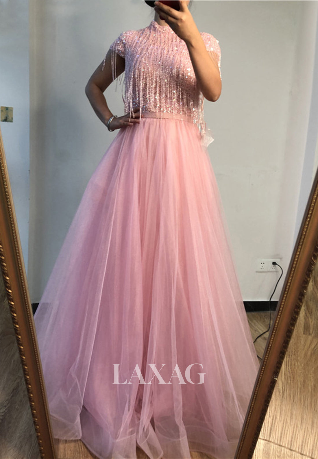 Unique High-Neck Cap-Sleeves Sequins Beaded Pleated Tulle A-Line Formal Evening Dress - Fashionpara