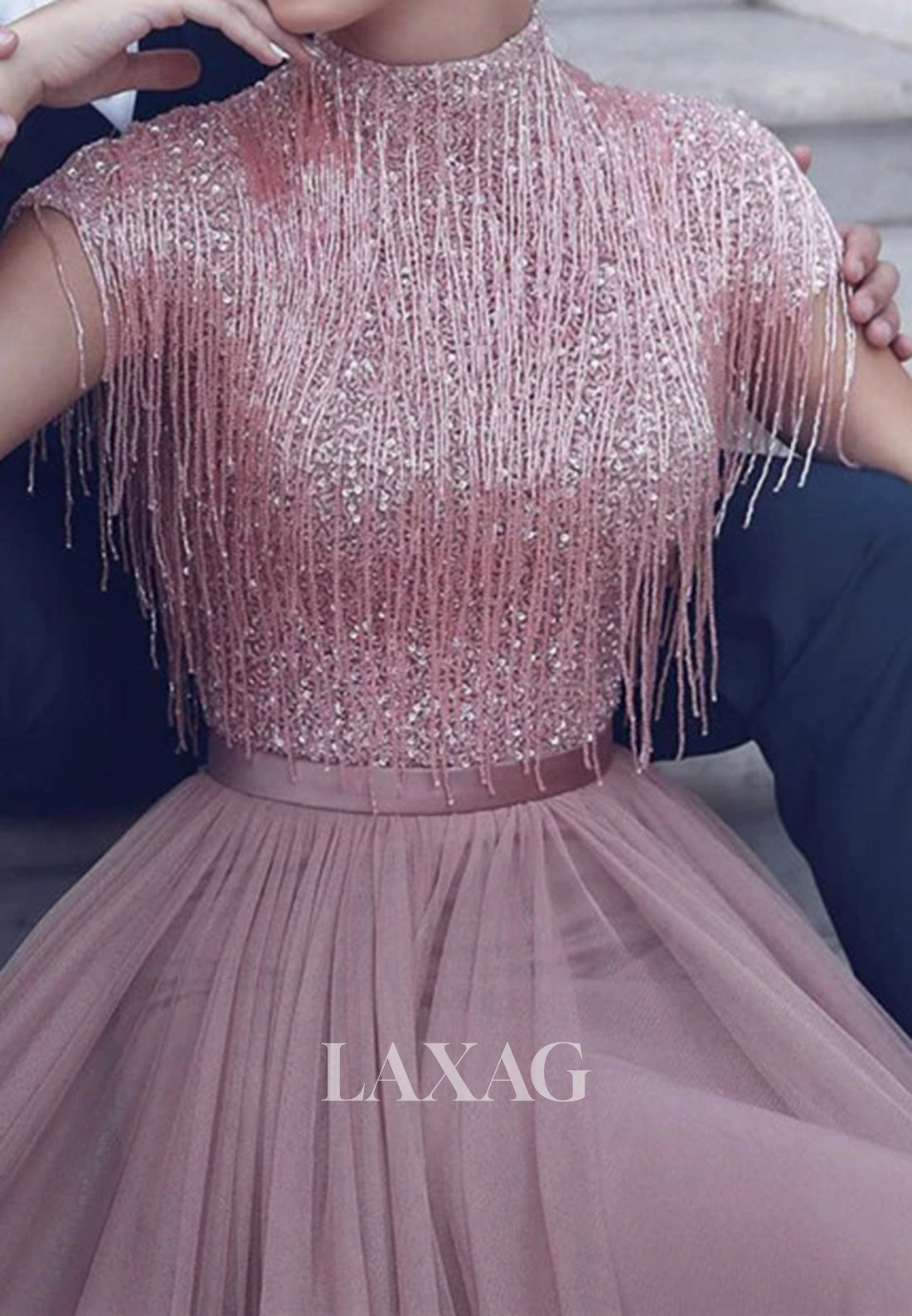 Unique High-Neck Cap-Sleeves Sequins Beaded Pleated Tulle A-Line Formal Evening Dress - Fashionpara