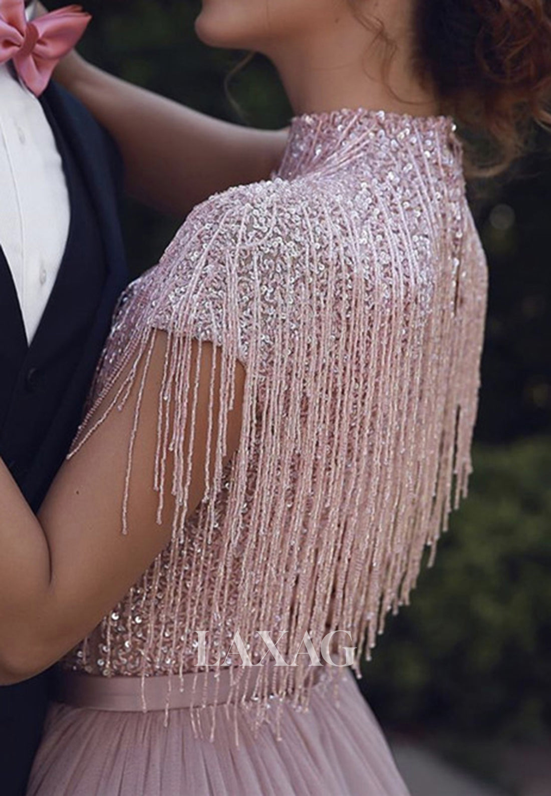 Unique High-Neck Cap-Sleeves Sequins Beaded Pleated Tulle A-Line Formal Evening Dress - Fashionpara