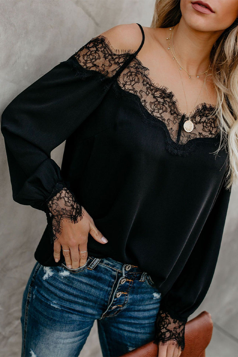 Sexy Solid Lace Patchwork V Neck Tops - Fashionpara