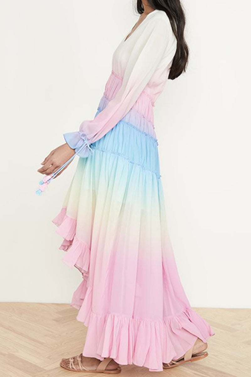 Elegant Gradual Change Patchwork Frenulum V Neck Printed Dress Dresses  Fashionpara