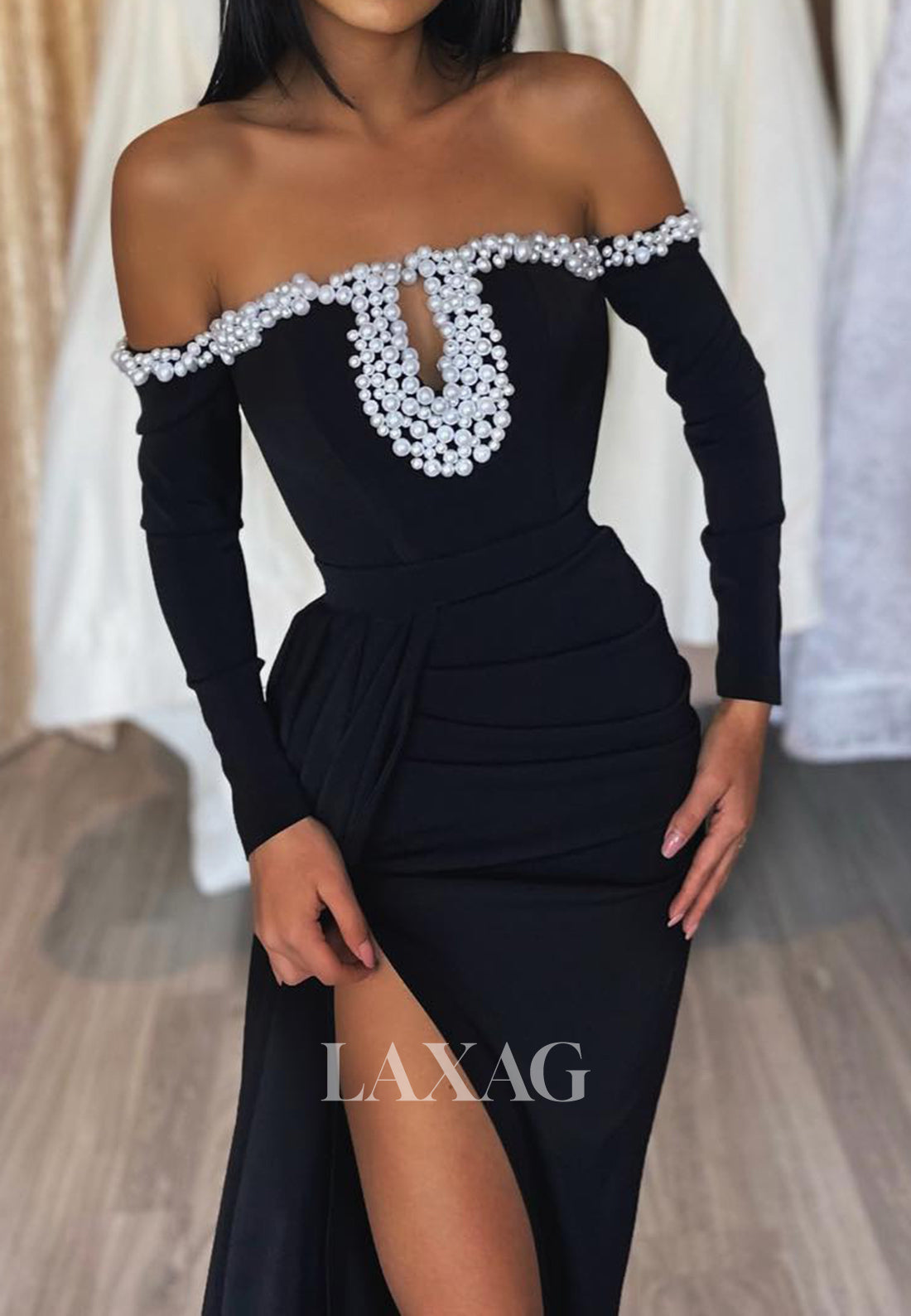 Tube Top Off-Shoulder Pearls Mermaid Prom Dress Long-Sleeves Satin High Slit Evening Gowns - Fashionpara