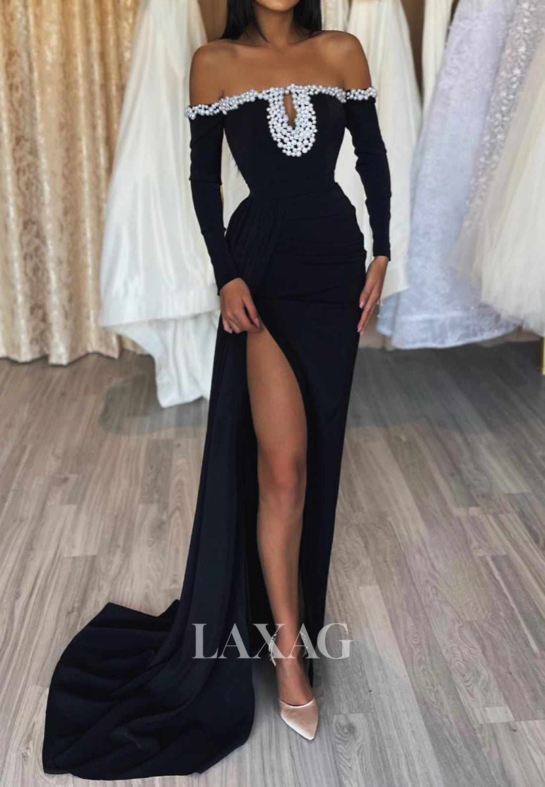 Tube Top Off-Shoulder Pearls Mermaid Prom Dress Long-Sleeves Satin High Slit Evening Gowns - Fashionpara