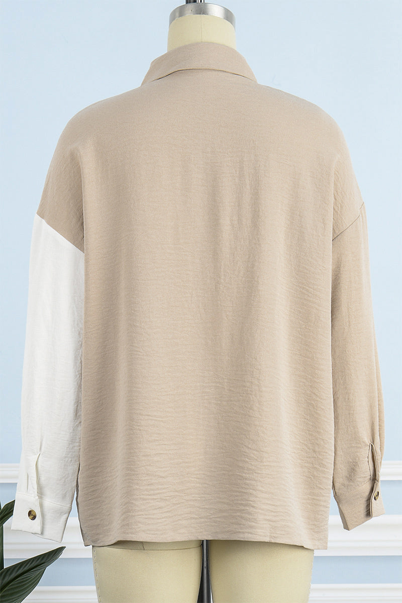 Elegant Color Block Patchwork Turndown Collar Blouses(4 Colors)