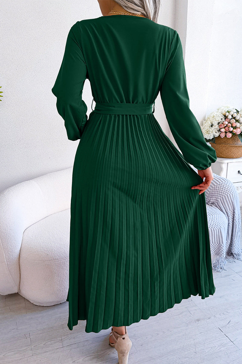 Elegant Solid Frenulum Fold V Neck Pleated Dresses(5 Colors) - Fashionpara