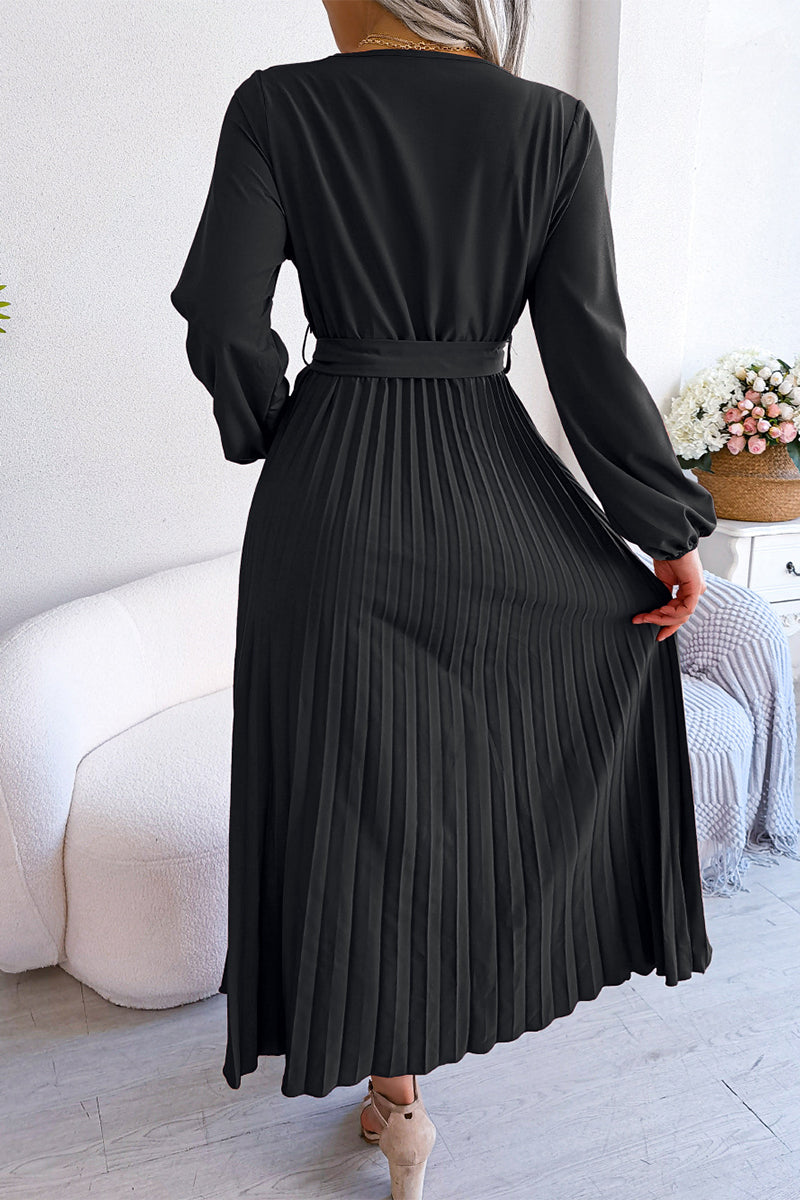Elegant Solid Frenulum Fold V Neck Pleated Dresses(5 Colors) - Fashionpara