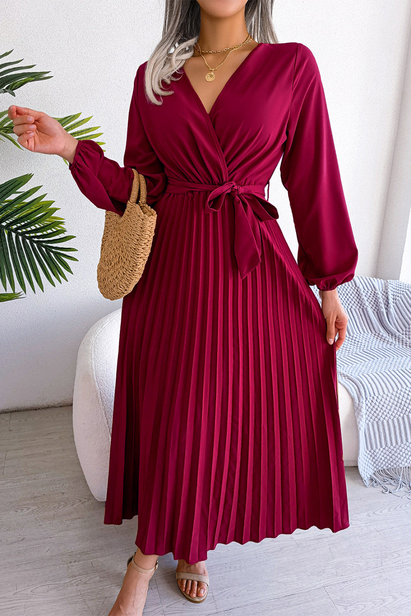 Elegant Solid Frenulum Fold V Neck Pleated Dresses(5 Colors) - Fashionpara