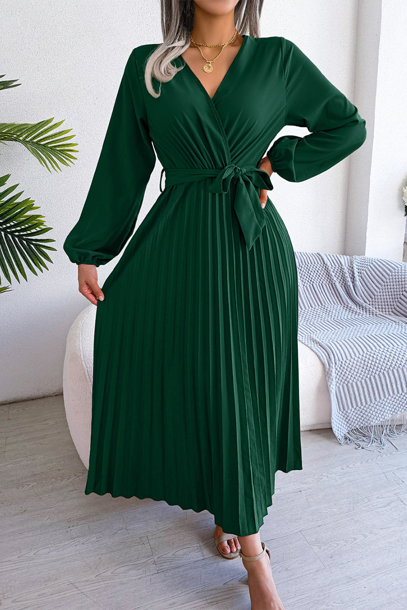 Elegant Solid Frenulum Fold V Neck Pleated Dresses(5 Colors) - Fashionpara