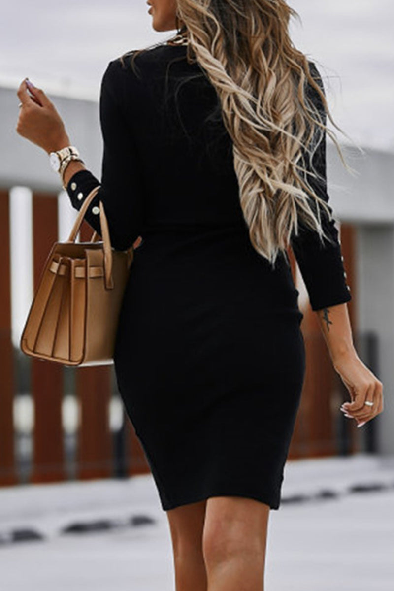 Elegant Solid Buckle V Neck Pencil Skirt Dresses - Fashionpara