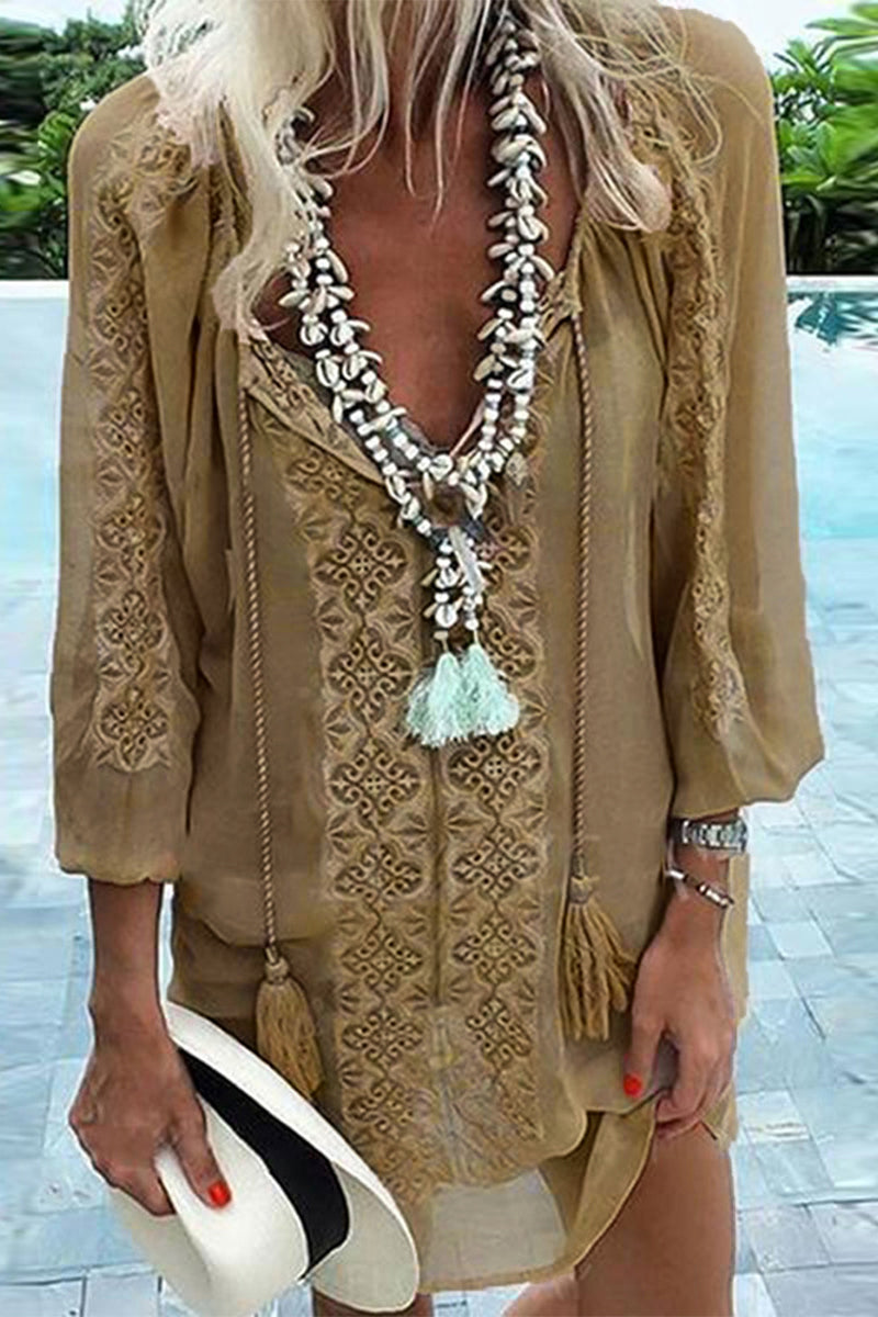 Sweet Elegant Print Printing V Neck Irregular Dress Dresses(3 Colors) - Fashionpara