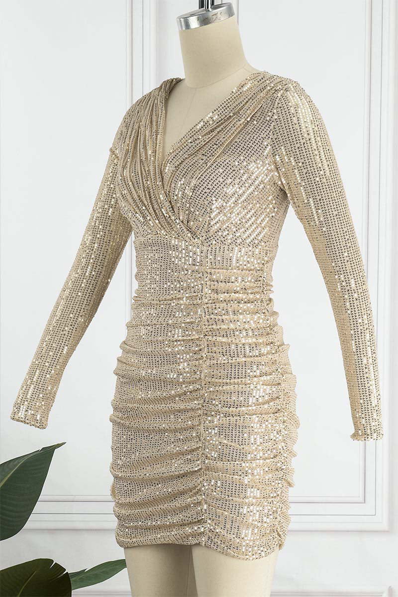 Sexy Solid Sequins Fold V Neck One Step Skirt Dresses(4 Colors) - Fashionpara