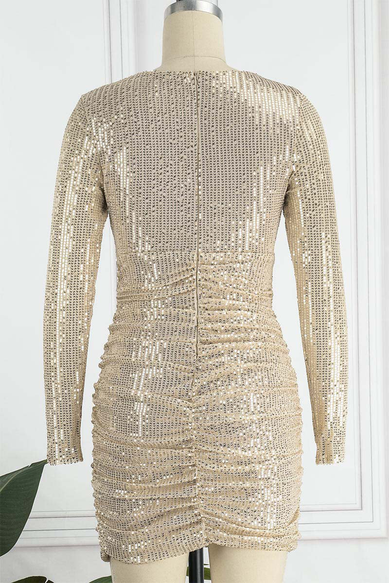 Sexy Solid Sequins Fold V Neck One Step Skirt Dresses(4 Colors) - Fashionpara