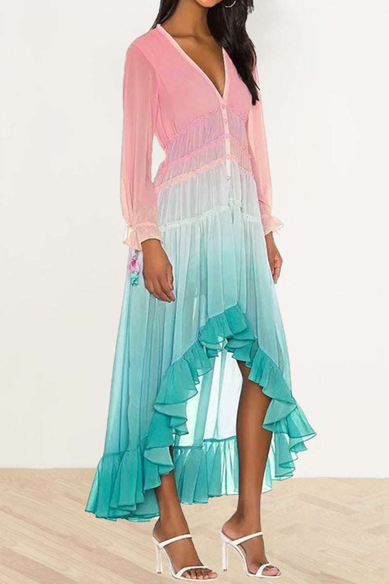 Elegant Gradual Change Patchwork Frenulum V Neck Printed Dress Dresses  Fashionpara